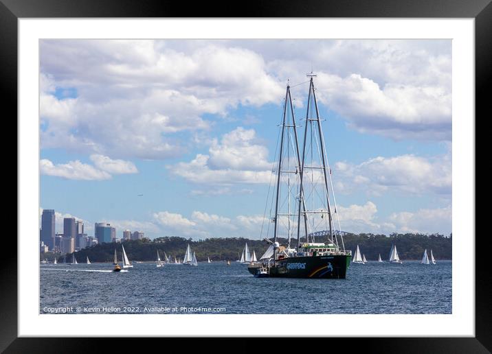 The Greenpeace ship Rainbow Warrior anchored in Sydney Harbour Framed Mounted Print by Kevin Hellon