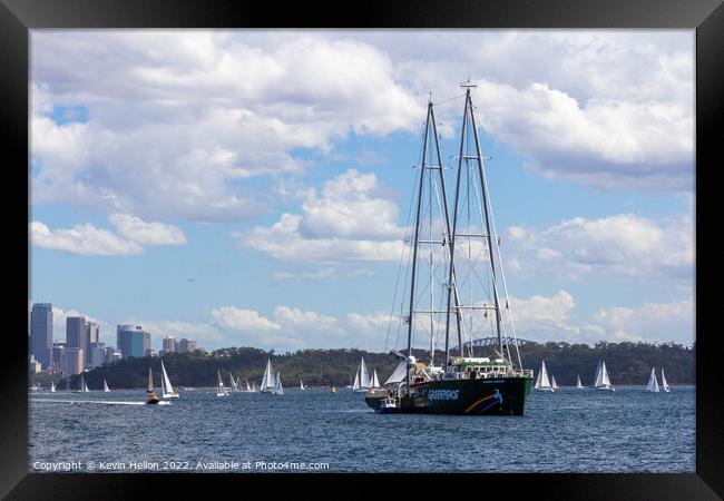 The Greenpeace ship Rainbow Warrior anchored in Sydney Harbour Framed Print by Kevin Hellon