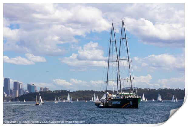 The Greenpeace ship Rainbow Warrior anchored in Sydney Harbour Print by Kevin Hellon