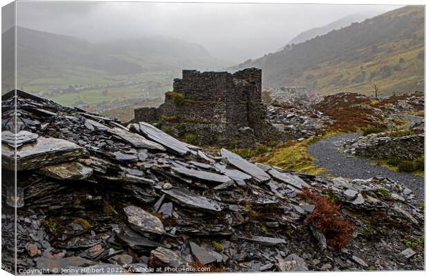 Looking across Penmachno slate quarry ruins North Wales Canvas Print by Jenny Hibbert