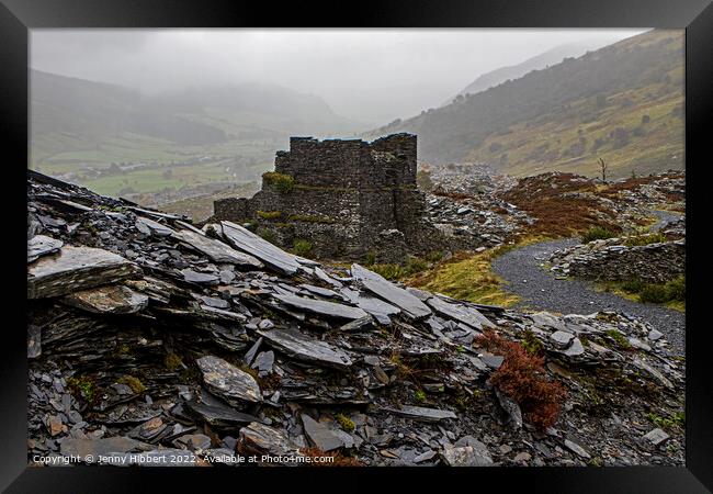 Looking across Penmachno slate quarry ruins North Wales Framed Print by Jenny Hibbert