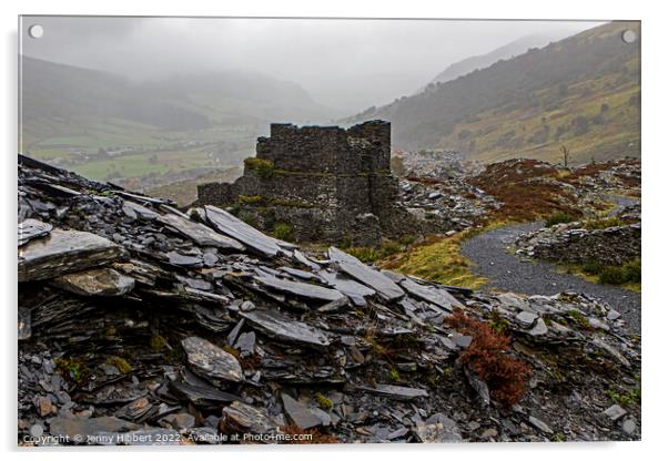 Looking across Penmachno slate quarry ruins North Wales Acrylic by Jenny Hibbert