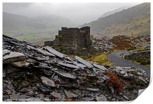Looking across Penmachno slate quarry ruins North Wales Print by Jenny Hibbert