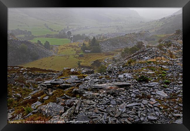 On top of slate looking down to Penmachno slate quarry North Wales Framed Print by Jenny Hibbert