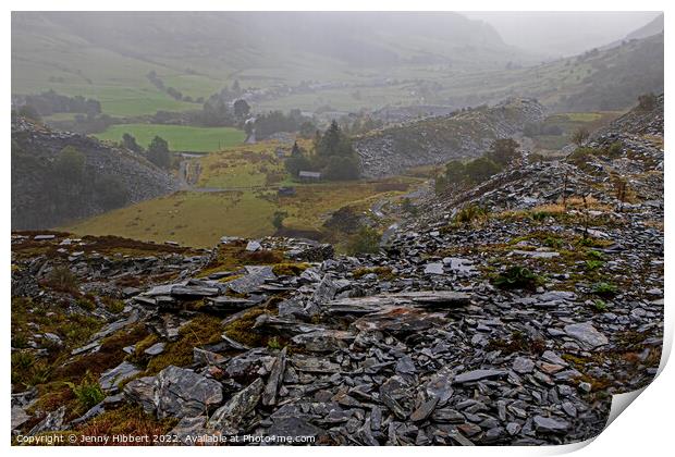 On top of slate looking down to Penmachno slate quarry North Wales Print by Jenny Hibbert