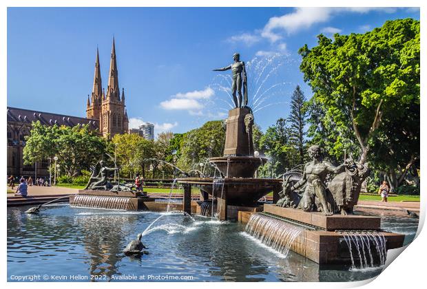 J. F. Archibald Memorial Fountain, Hyde Park with St Marys cathe Print by Kevin Hellon