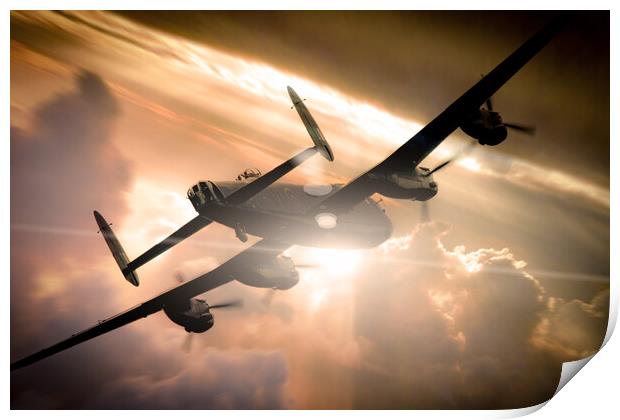 Lancaster Bomber Sun Rays Print by J Biggadike