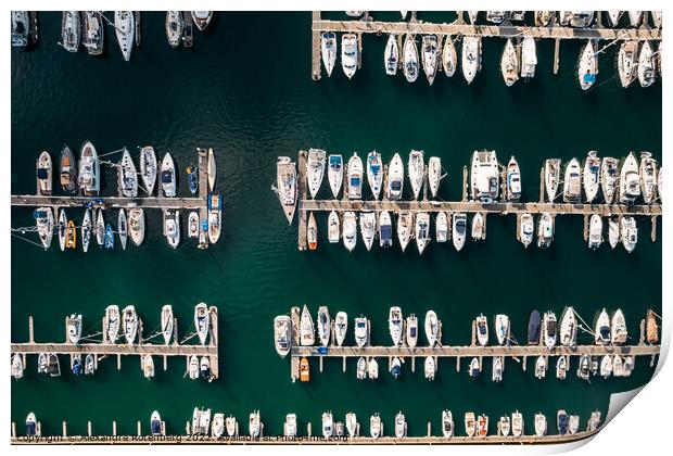 Aerial top down view of many luxurious yachts moored in marina Print by Alexandre Rotenberg