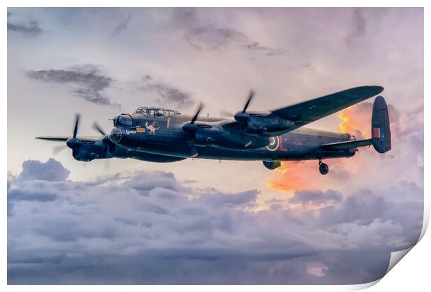 Lancaster Bomber Sunset Flyby Print by J Biggadike