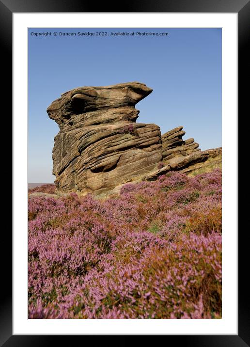 Portrait of Owler Tor in the Peak District surrounded by pink heather  Framed Mounted Print by Duncan Savidge