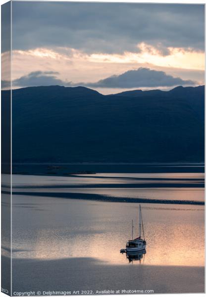 Sailing boat at sunset in Loch Carron, North West  Canvas Print by Delphimages Art