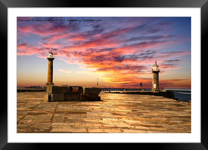 Whitby Pier Sunset Framed Mounted Print by Alison Chambers