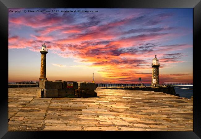 Whitby Pier Sunset Framed Print by Alison Chambers