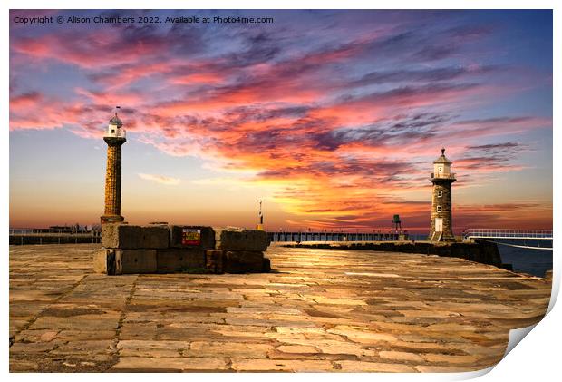 Whitby Pier Sunset Print by Alison Chambers