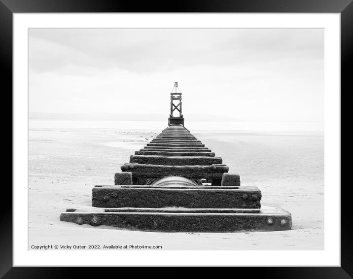 Crosby beach structure in mono Framed Mounted Print by Vicky Outen
