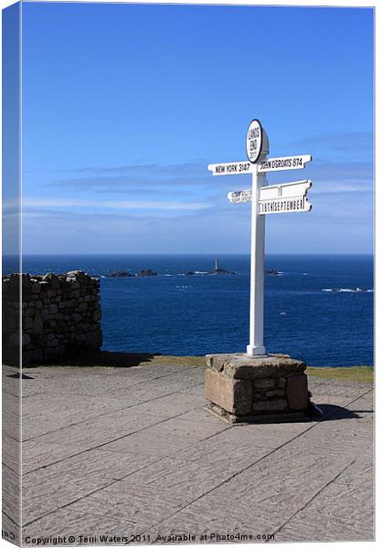 Lands End Signpost and Lighthouse Canvas Print by Terri Waters