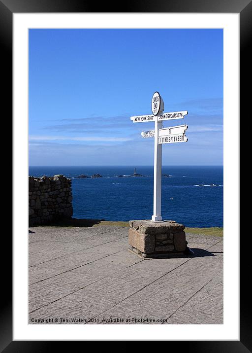 Lands End Signpost and Lighthouse Framed Mounted Print by Terri Waters