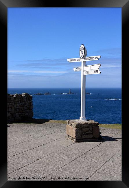 Lands End Signpost and Lighthouse Framed Print by Terri Waters