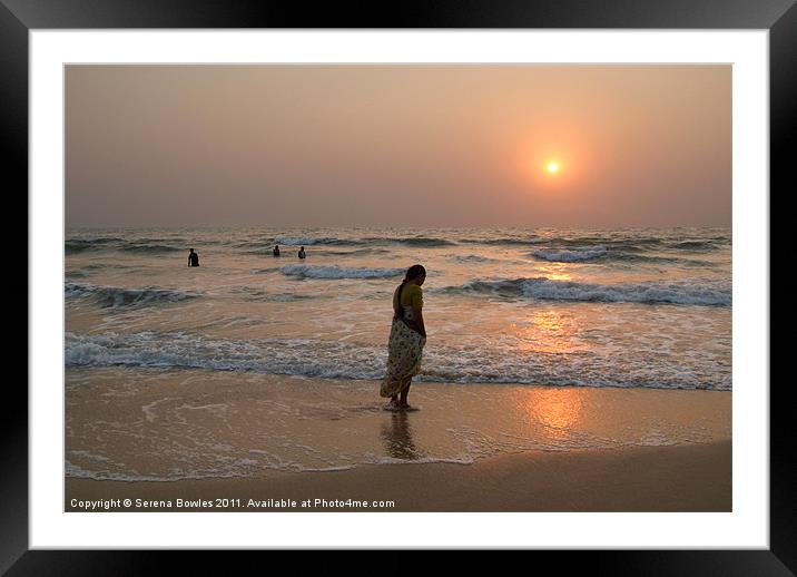 Woman in Sari at Sunset at Benaulim Beach Framed Mounted Print by Serena Bowles