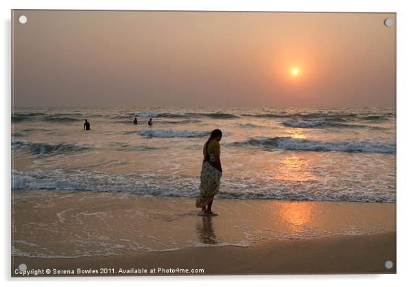 Woman in Sari at Sunset at Benaulim Beach Acrylic by Serena Bowles