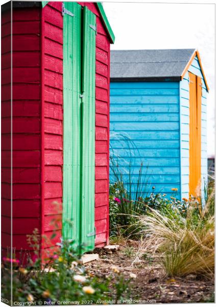 Brightly Coloured Wooden Allotment Sheds Canvas Print by Peter Greenway