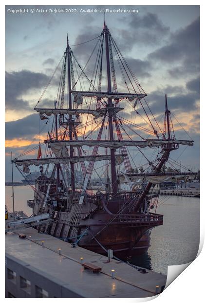 Spain sailling ship Print by Artur Rejdak