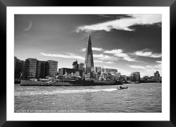 Thames cityscape with HMS Belfast in black and white Framed Mounted Print by Ann Biddlecombe