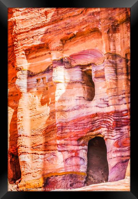 Colorful Red Blue Rock Tomb Petra Jordan  Framed Print by William Perry