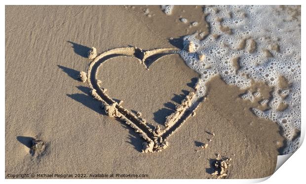 A beautiful heart shape painted into the sand of a baltic sea be Print by Michael Piepgras