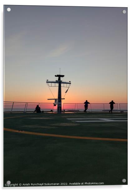 people enjoying sunset on the a helipad of a cruise ship Acrylic by Anish Punchayil Sukumaran