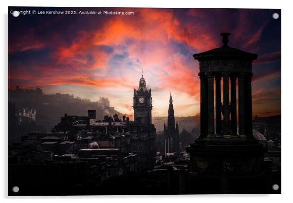 "Crimson Skies: A Captivating Edinburgh Awakening" Acrylic by Lee Kershaw