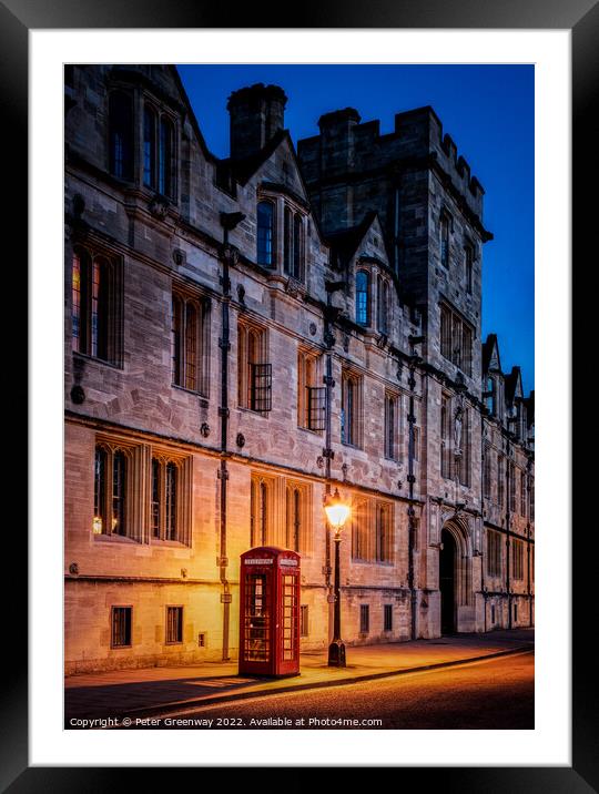 Illuminated Iconic Red British Telephone Box In Oxford City Centre Framed Mounted Print by Peter Greenway