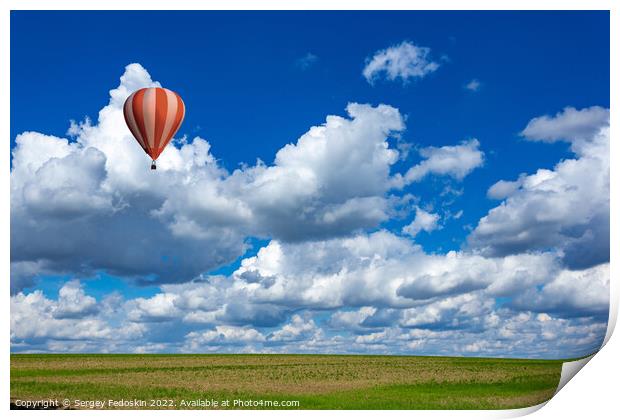Colorful hot air balloons over green rice field. Print by Sergey Fedoskin