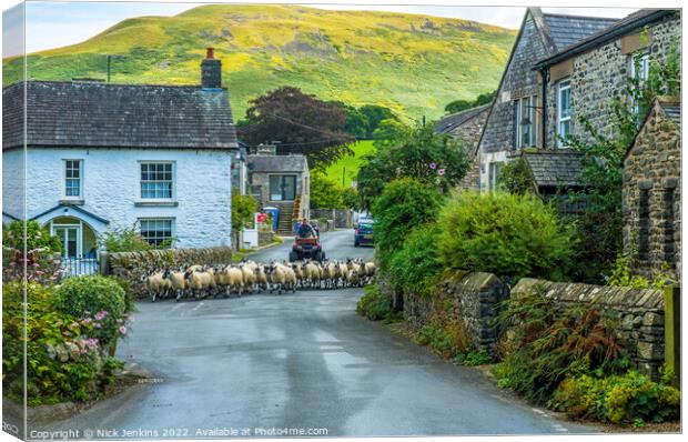 Sheep being herded through Barbon Village Cumbria Canvas Print by Nick Jenkins