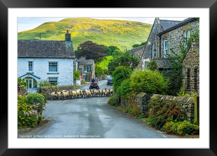 Sheep being herded through Barbon Village Cumbria Framed Mounted Print by Nick Jenkins