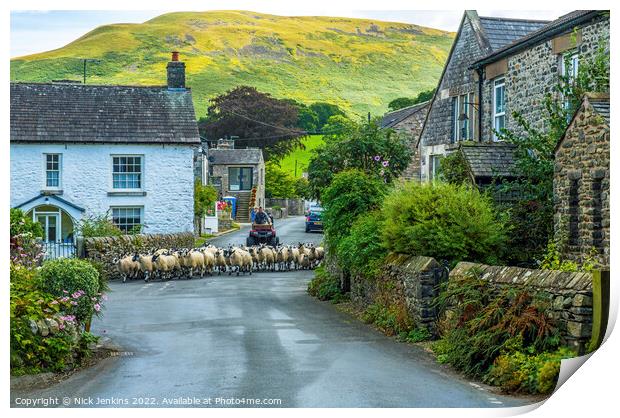 Sheep being herded through Barbon Village Cumbria Print by Nick Jenkins