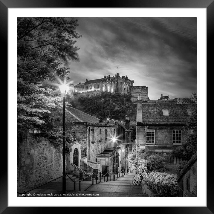 Edinburgh Castle nightscape - Monochrome Framed Mounted Print by Melanie Viola