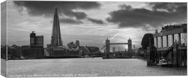 The shard and tower bridge from on the river Thames Canvas Print by Ann Biddlecombe