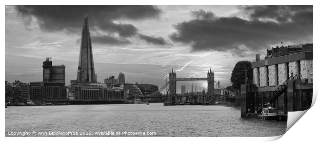 The shard and tower bridge from on the river Thames Print by Ann Biddlecombe