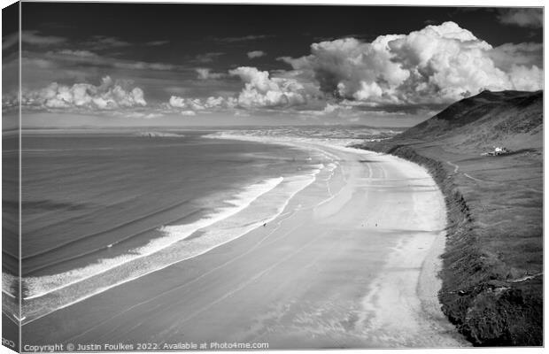Rhossili Beach, Gower, in black and white Canvas Print by Justin Foulkes