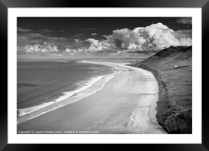 Rhossili Beach, Gower, in black and white Framed Mounted Print by Justin Foulkes
