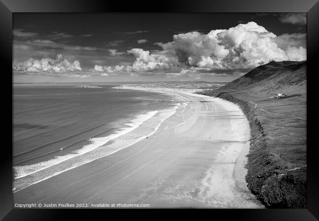 Rhossili Beach, Gower, in black and white Framed Print by Justin Foulkes