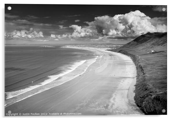 Rhossili Beach, Gower, in black and white Acrylic by Justin Foulkes
