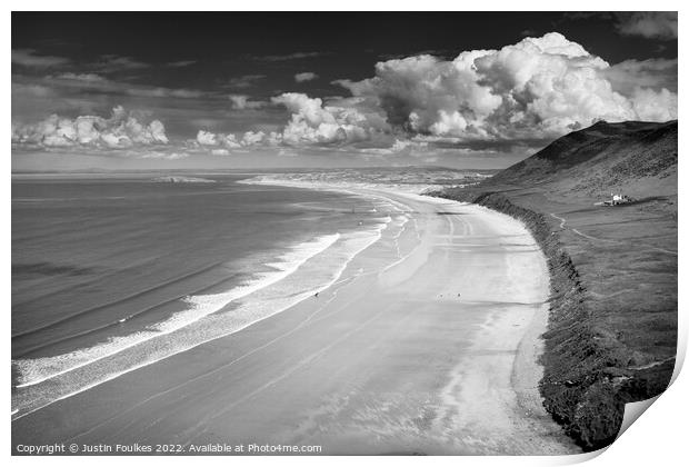Rhossili Beach, Gower, in black and white Print by Justin Foulkes