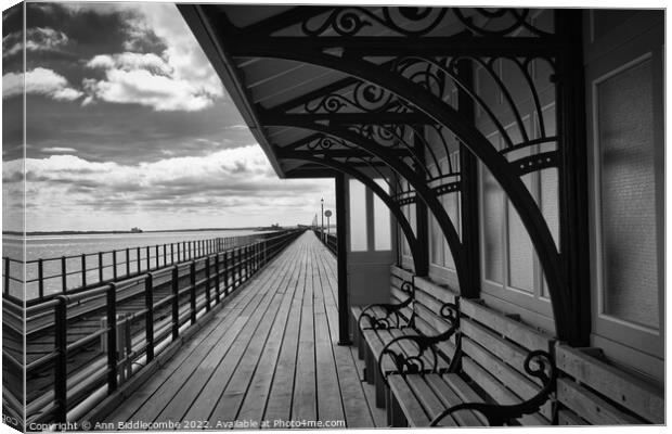 Taking shelter on the pier in Southend on Sea Canvas Print by Ann Biddlecombe