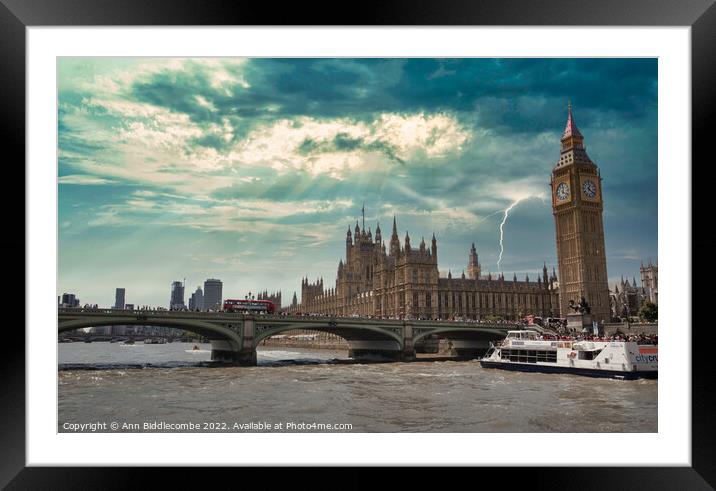 Big Ben and the houses of parliament under stormy Skys in London Framed Mounted Print by Ann Biddlecombe