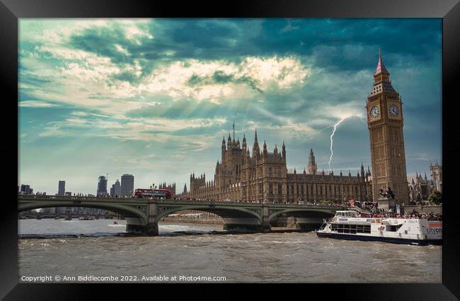 Big Ben and the houses of parliament under stormy Skys in London Framed Print by Ann Biddlecombe
