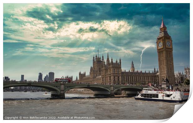 Big Ben and the houses of parliament under stormy Skys in London Print by Ann Biddlecombe