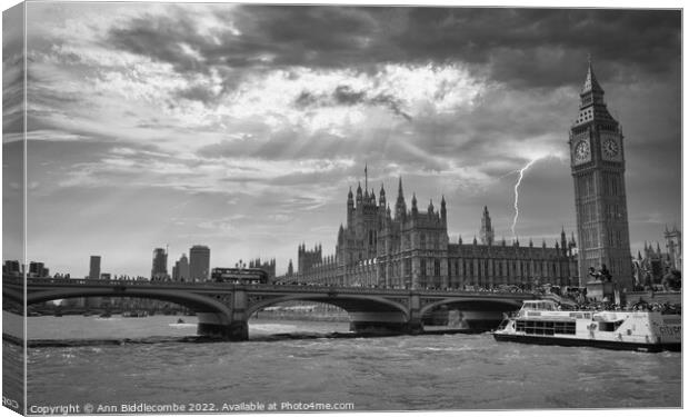 Black and white Big Ben and the houses of parliame Canvas Print by Ann Biddlecombe