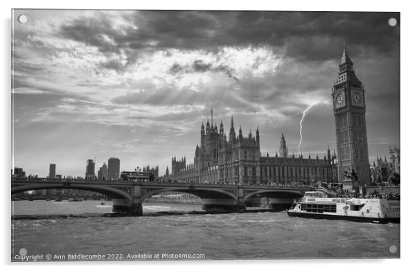 Black and white Big Ben and the houses of parliame Acrylic by Ann Biddlecombe